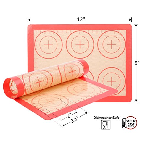 Silicone Baking Mat Set - 2 Pack Non-Stick Silicon Liner for Bake Pans & Rolling with Measurements, Heat Resistant Cookie Sheets for Macaroon/Pastry/Cookie (12" x 9", Red) - Thumbnail 2