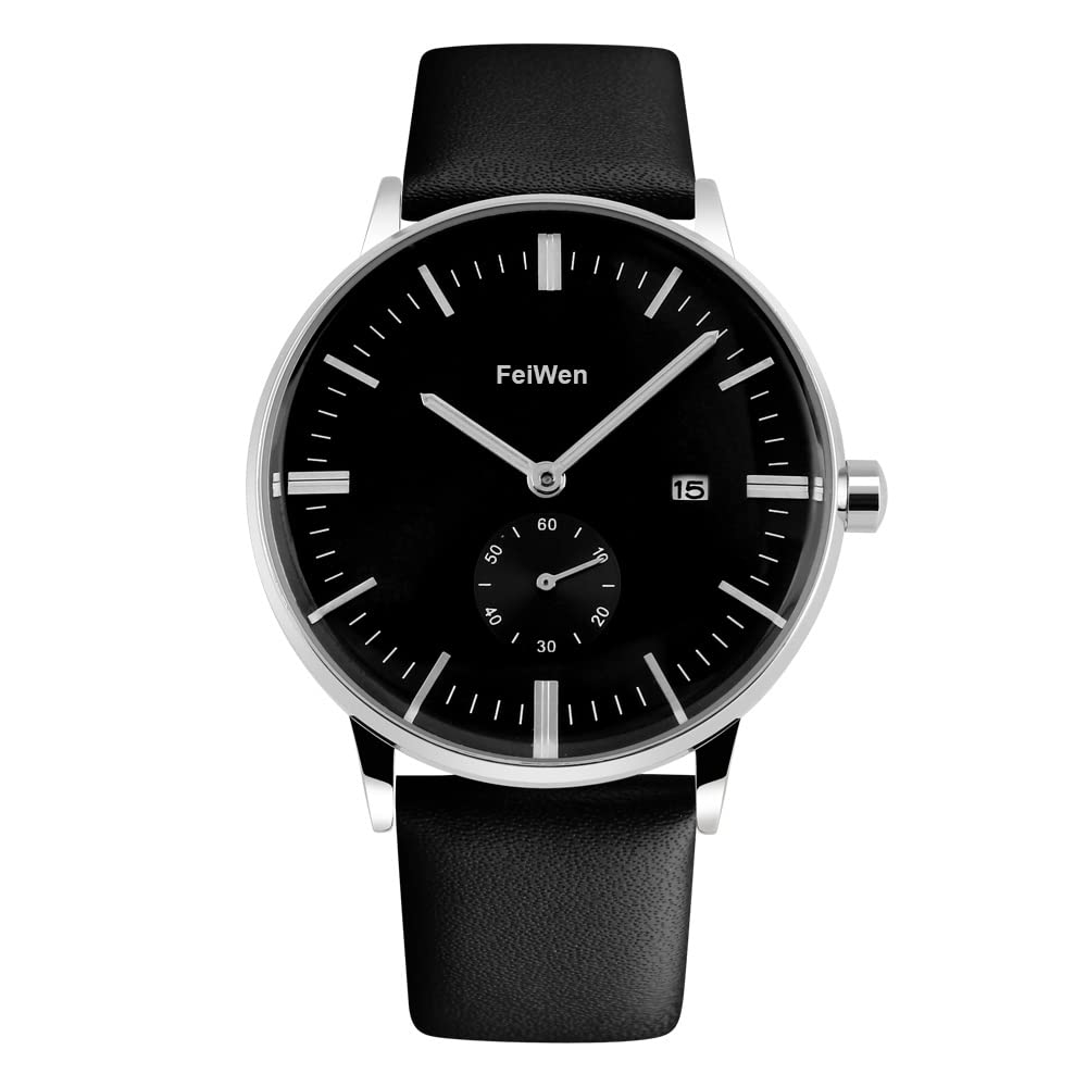 FeiWen Mens Fashion Business Watch Stainless Steel Case with Leather Strap Casual Style Analog Quartz Watches for Men Simple Design Second Sub Dial Calendar Date, Black