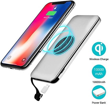 Portable Wireless Charger Power Bank,Qi Power Bank 10000mAh - Compact Power Bank External Battery Pack Ultra Slim and Light Battery Charger with Built-in Micro USB Lightning Cable