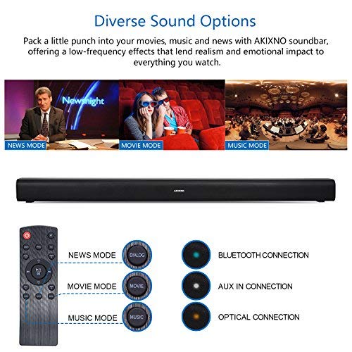 (Updated Version) Sound bar AKIXNO 40W Remote Controlled Matt Surface Wired Wireless and Bluetooth 2.0 Channel Home Theater 3 EQ Modes Ideal for TV PC Tablets Gaming, Wall Mountable (33-Inch Playbar)