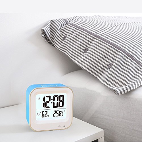 Bedroom 3 in1 Multifunction Alarm Clock, Rechargeable Alarm Clock with 12h or 24h/Temperature(C/F)/Humidity/Week Display, Snooze/Smart Nightlight Function (9909-Blue)