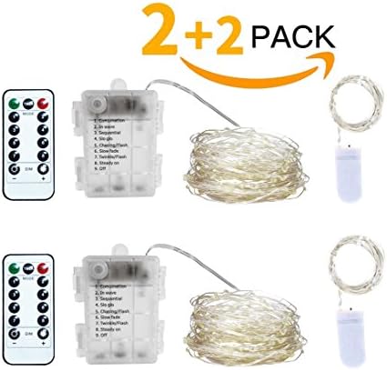Battery Operated LED Starry String Lights Silver Wire 16.5ft 50 LED with Wireless Handheld Remote Control and 2 Sets of 6.6ft Silver Wire Mini Button Battery Lights (Cool White, 2+2 Pack)