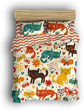 Pretty Lee 4Pcs Bedding Set For Kids Cute Playful kitten and Ripples Partten Print Comforter 1 Flat Sheet 1 Duvet Cover and 2 Pillow Cases Soft Bedclothes Full Size