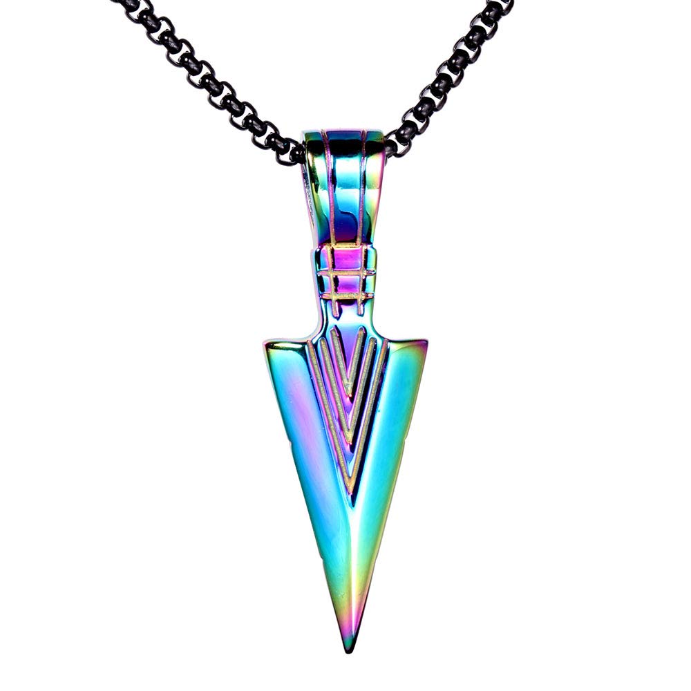 PAURO Mens Stainless Steel Jewellery Spear Point Arrowhead Pendant Necklace Rainbow with Black Chain