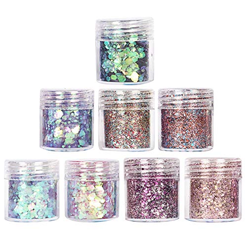 Holographic Chunky Glitters, Cosmetic Glitters Flakes, Body Glitter Set - 8 Colors, Use for Face Nails Eyes Lips Hair Body, Make Up Glitter Paillette Music Festival Masquerade - 8 boxes 10ML