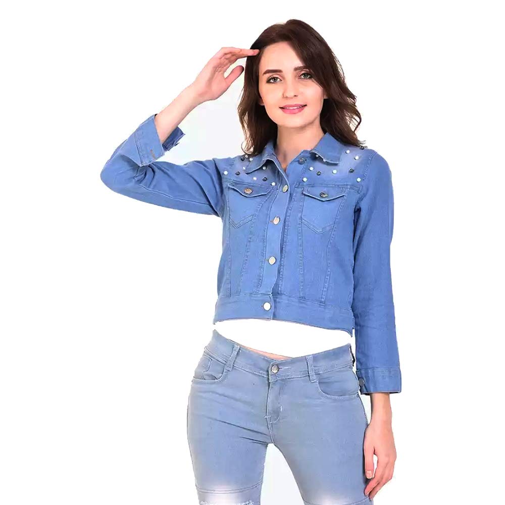 montrez women's stone wash denim jacket crafted with pearls