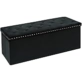 ZOLANOful Velvet Storage Ottoman Bench, 43.3" Upholstered Tufted Ottoman with Storage, Folding Footrest Bench for Bedroom, Living Room, or Entryway, Black