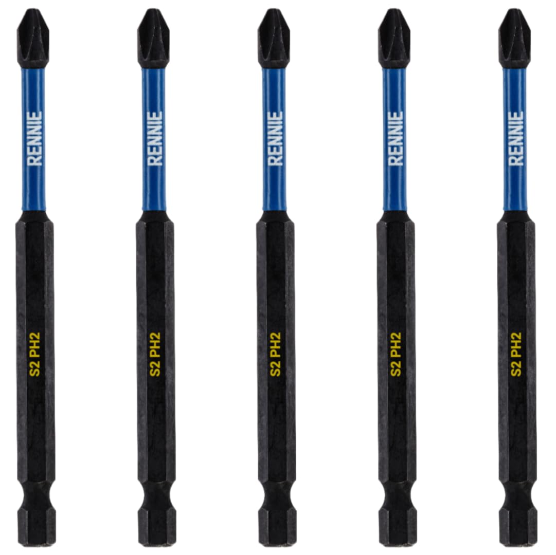 5 x Rennie Tools 100mm Long PH2 Impact Screwdriver Driver Bits Set. Magnetic Phillips No.2 Heavy Duty Impact Driver Bit Set. Extra Long PH2 Bits. Hex Shank. Cross Head. Black Oxide Coating