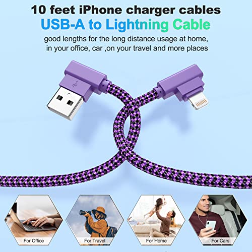 iPhone Charger 10 ft Lightning Cable [Apple MFi Certified] 3 Pack 90 Degree Fast Charging Cables Long iPhone Cord Compatible with iPhone 14/13/12/11 Pro MAX/XR/XS/8/7/Plus/6S/SE/iPad (10ft)
