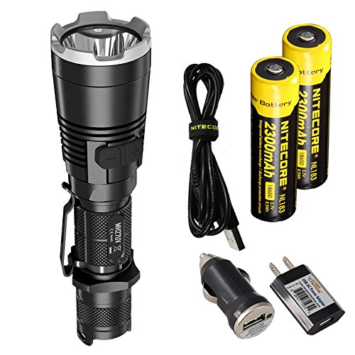 NiteCore MH27UV Bundle of USB Rechargeable 1000 Lumen LED Flashlight w/ Red, Blue, and UltraViolet Lights plus 2x Nitecore brand 18650 Batteries and Car & Wall USB Adapters