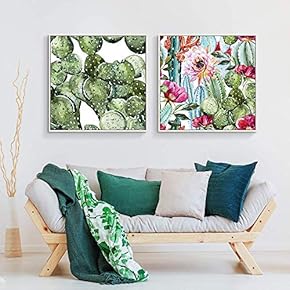 Floating Framed Canvas Wall Art for Living Room, Bedroom Green Plant Cactus Canvas Prints for Home Decoration Ready to Hang - 16"x16"x2 Panels