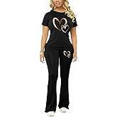 Ulovmi Women'S 2 Piece Outfit Short Sleeve Crew Neck Top Flared Pants Set Slim Fit Casual Tracksuit Lounge Sets