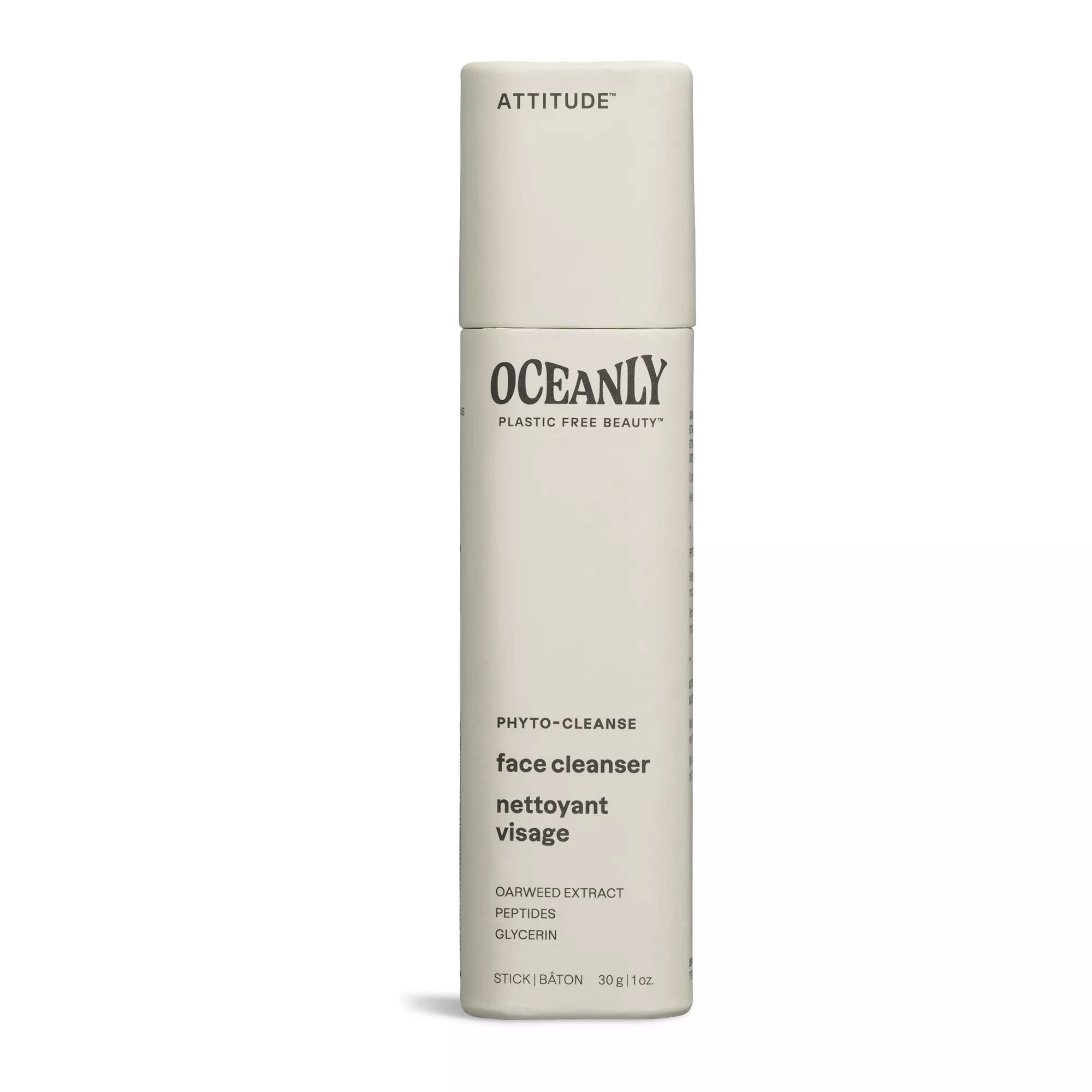 ATTITUDE Oceanly Face Cleanser Stick, EWG Verified, Plastic-free, Plant and Mineral-Based Ingredients, Vegan Beauty Products, PHYTO CLEANSE, Unscented, 30 grams