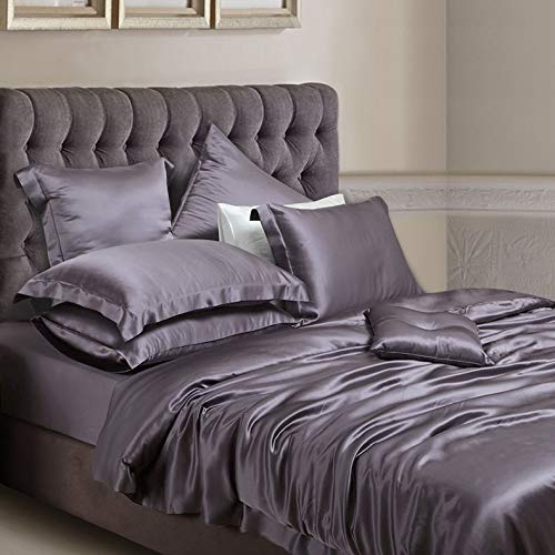 Reliable Bedding 100% Pure Silk Satin Sheet Set 7pcs, Silk Fitted Sheet 15'' Deep Pocket,Silk Flat Sheet,Silk Duvet Cover & Pillowcases Set !!! Cal-Queen, Dark Grey