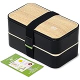 BentHeaven Bento Box (with Fun Lunch Notes, Cutlery, Chopsticks) [Bamboo Black / White]