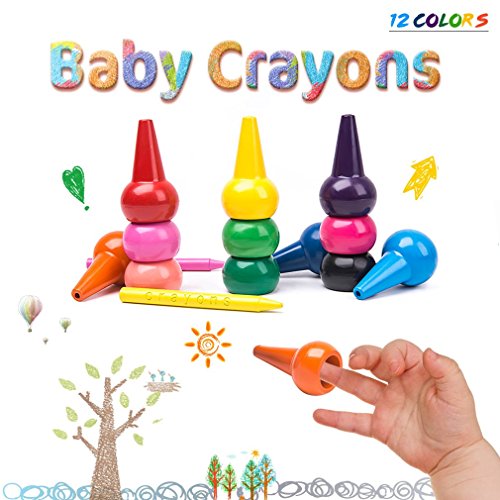 Merit Ocean Toddler Crayons,12 Colors 3D Palm-grip Crayons Non-Toxic Washable Finger Paint Crayons Stackable Sticks Toys for Babies,Toddlers,Kids,Children,Boys and Girls