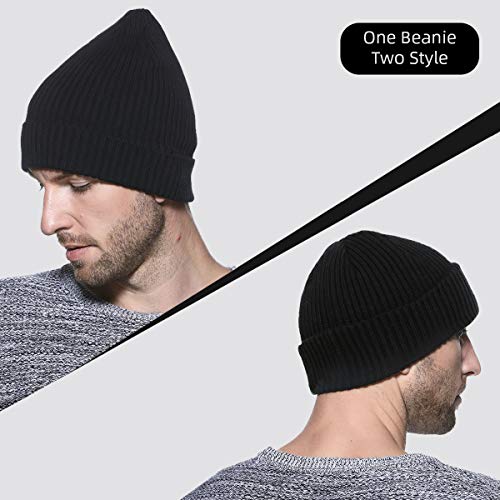 ZOWYA MENS WINTER KNIT BEANIE HAT, RIB WATCH CAP SKULL CAP WINTER SKI HAT FOR DAILY, 1 HAT 2 STYLE (BLACK)