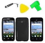 TPU Flexible Skin Cover Case Cell Phone Accessory + Screen Protector + Extreme Band + Stylus Pen + Pry Tool For Alcatel Onetouch A464BG (TPU Black)