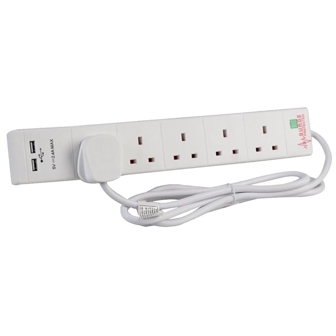 Surge Protected Extension Trailing Lead Black/White Multi Plug USB