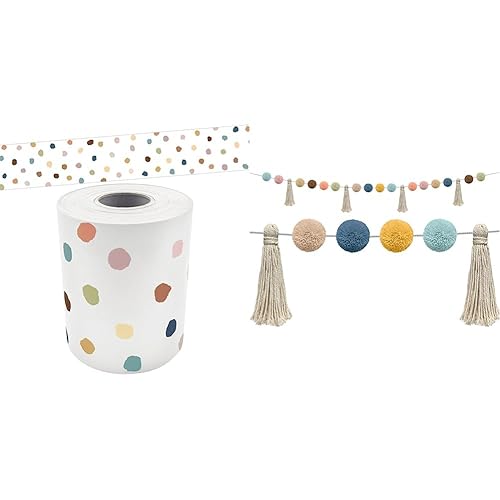 Teacher Created Resources Everyone is Welcome Painted Dots Straight Rolled Border Trim (TCR8912) and Pom-Poms and Tassels Garland