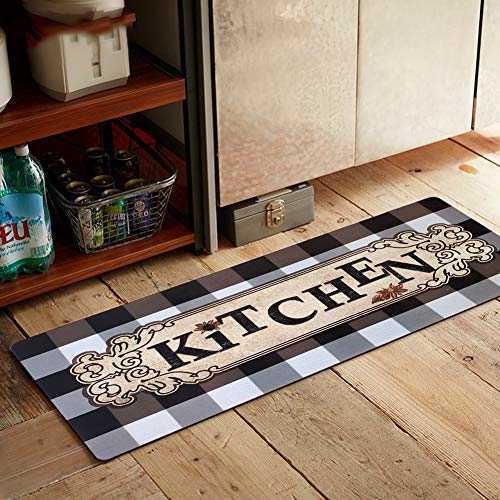 USTIDE Farmhouse Buffalo Plaid Kitchen Rug, Mocha/White Checkered