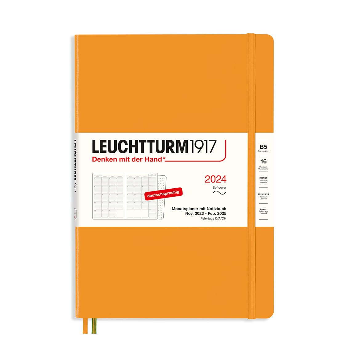 LEUCHTTURM1917 367568 Monthly Planner & Notebook Composition (B5) 2024, 16 Months, Soft Cover, Rising Sun, German