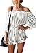 Relipop Women's Off shoulder Jumpsuit 3/4 Sleeve Striped Short Romper (Medium, White)