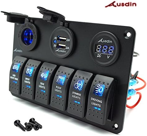 Switch Panel,Ausdin Digital 12/24V Led Light Bar Rocker Switch Control Panel Marine Boat RV Switch Panel With 4.2A USB Output Charger 12V/24V Voltmeter Display Cigarette Lighter Universal Fitment