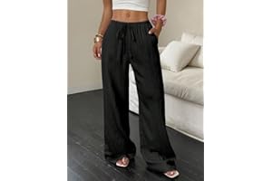 Women's Wide Leg Beach Pants Elastic Waist Casual Pant Lightweight Flowy Lounge Trousers with Pockets