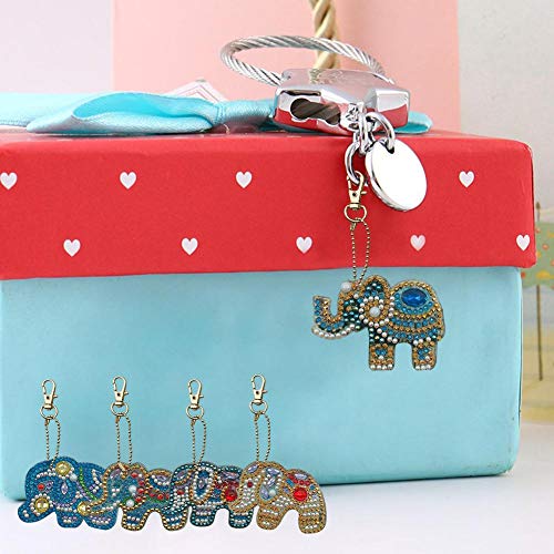 Mosaic Making Kits, 5pcs DIY Full Special Shaped Diamond Painting Elephant Keyring Keychains - Thumbnail 3