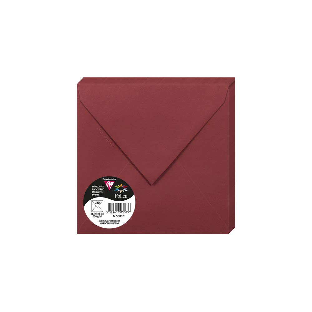 Clairefontaine 5883C Pack of 20 Gummed Envelopes Square Format 16.5x16.5cm 120g/m² Burgundy Invitation Event Correspondence Range Pollen Premium Smooth Paper