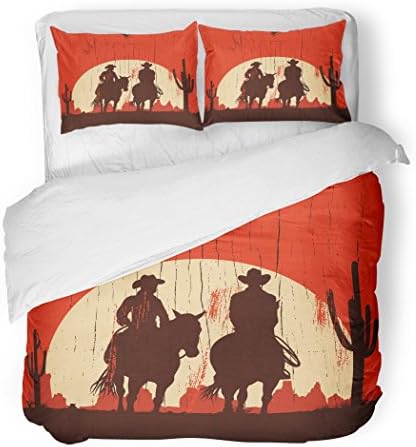 SanChic Duvet Cover Set Silhouette of Cowboy Couple Riding Horses on Wooden Decorative Bedding Set with 2 Pillow Cases Full/Queen Size