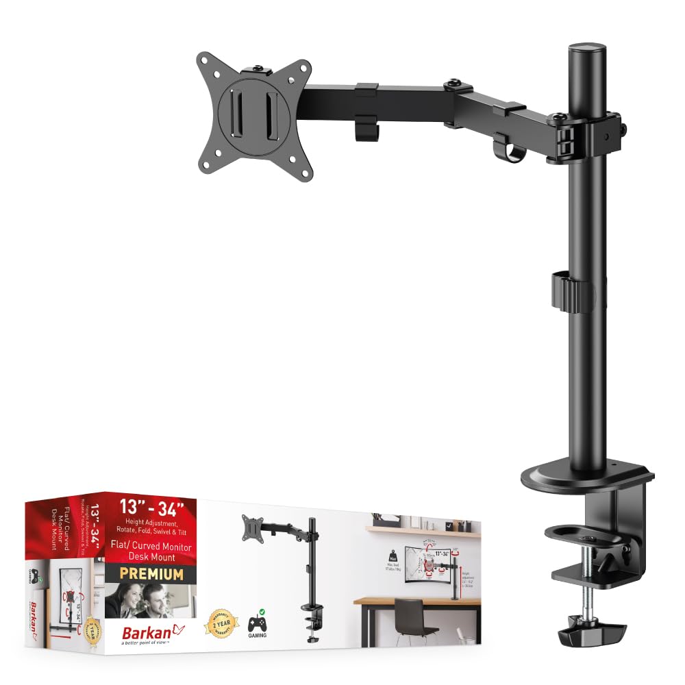 Barkan Monitor Desk Mount for Flat/Curved Screens Sizes 13-34 inch, Full Motion - 5 Movements, Ergonomic, 360 Degree Rotation, Touch & Tilt, Holds up to 8 Kg, grommet hole compatible