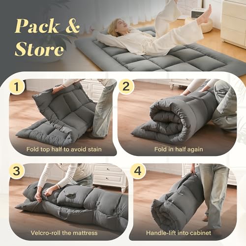 DOWNSTORIA Japanese Floor Mattress, Foldable Futon Mattress Tatami Mat with Handles, Portable Roll Up Tatami Sleeping Mat, Guest & Camping Floor Bed for Adults, Twin Size, Grey(39x80)