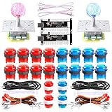 Dashtop LED Arcade DIY Parts 2X Zero Delay USB Encoder + 2X 2/4/8 Way LED Joystick + 20x LED Illuminated Push Buttons for Mame Windows System & Raspberry Pi Projece Arcade Project Red + Blue Kits