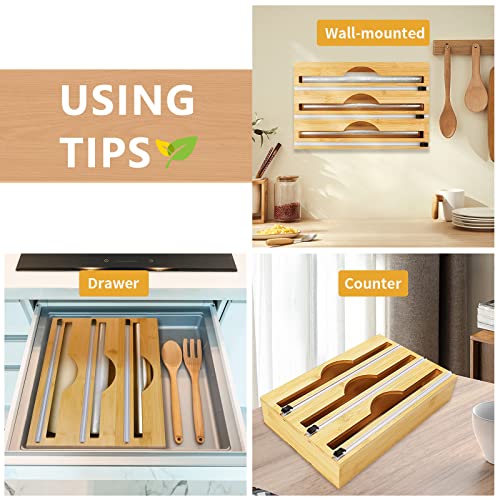 3 in 1 Foil and Plastic Wrap Organizer with Labels, Bamboo Aluminum