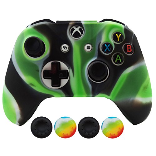 Hikfly Silicone Controller Cover Skin Protector Case Faceplates Kits for Xbox One X/One S/Slim Controller with 4pcs Thumb Grips Caps(Green Camoulage)