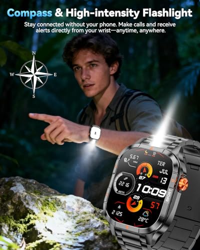 Military Smart Watches for Men, 2.01'' Smart Watch with 1000mAh Battery/Flashlight,Answer/Make Calls Smart Watch for Android and iPhone with SpO2/Heart Rate/Sleep/100+ Sport Modes, Fitness Tracker
