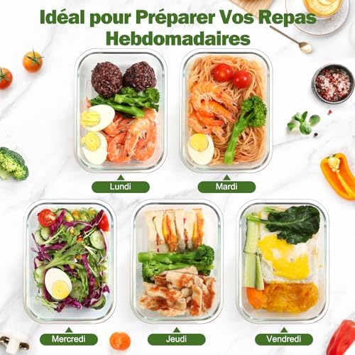 Lot de 5 récipients en verre avec couvercles, 1040 ml, épais et durables, empilables, hermétiques, sans BPA, pour micro-ondes, four, congélateur et lave-vaisselle, Noir
