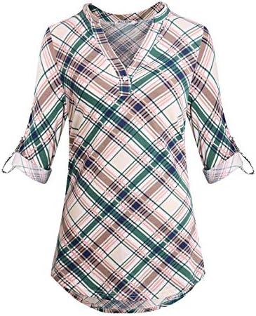 Anna Smith Womens Cuffed Sleeve V Neck Plaid Shirt Casual Pullover Tunic Blouses