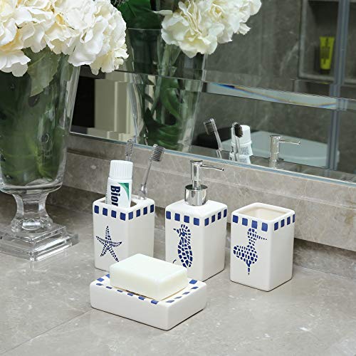 LUEUR-Decorative-Ceramic-Bathroom-Countertop-Accessories-Set-Includes-Refillable-Soap-Lotion-Dispenser-Divided-Toothbrush-Stand-Tumbler-Rinsing-CupSoap-Dish-4pcs-Accessories-Set-Seahorse-Printed LUEUR Decorative Ceramic Bathroom Countertop Accessories Set - Includes Refillable Soap Lotion Dispenser, Divided…