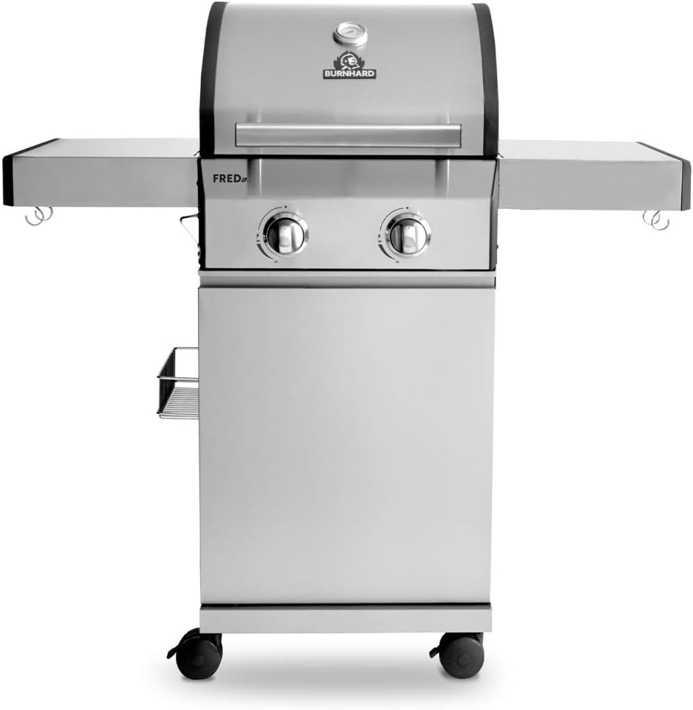 Burnhard 2-Brenner Gasgrill Fred Jr, Edelstahl Grillwagen mit Seitentisch, Gusseisen-Grillrost, Deckel-Thermometer, Piezozündung inkl. Abdeckhaube