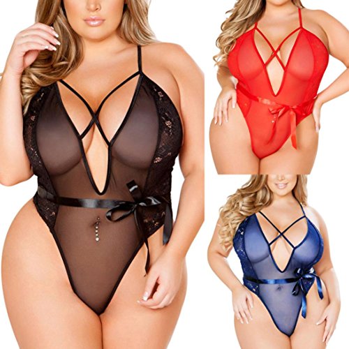 ManxiVoo Sexy Women Girl One Piece Plus Size Lingerie Bodysuit Lace Teddy Cross V Neck Halter Babydoll Underwear Pajamas (L, Blue) - Thumbnail 3