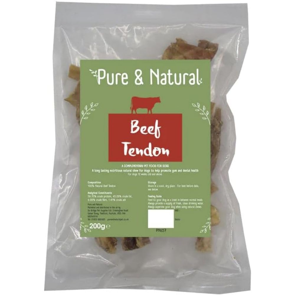 Pure & Natural Beef Tendons for Dogs - Long Lasting Chew, High Protein & Low Fat, Natural Treats for Large & Small Dogs - 200g Bag