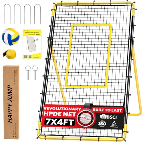 Happy Jump 7x4 FT Portable Volleyball Rebounder Net, 5 Adjustable Angles Bounce Back Trainer, Heavy-Duty Steel Frame & 45-Ply Net, Target Practice Training Equipment, Includes Volleyball for Drills