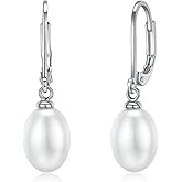 MINDDHA 14K Gold Plated Earrings | Sterling Silver Post | AAA+ Quality Simulated Shell Pearl Leverback Dangle | Gold Silver Dangle Earrings For Women | Teardrop Oval Shape