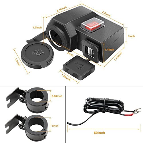 Aileap Motorcycle Cigarette Lighter Female Socket Power Outlet with Dual USB Ports 5V 2.1A Charger Adapter and Waterproof Power Switch