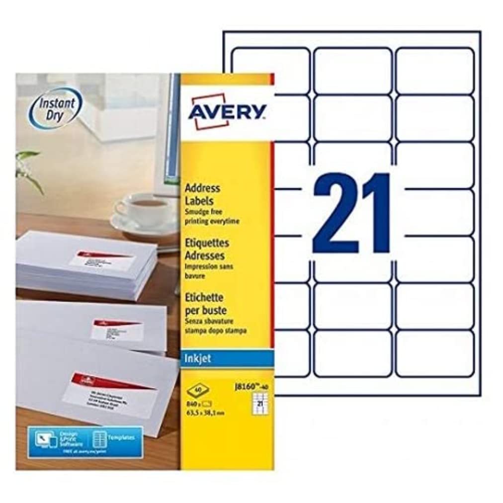 Avery - Pack of 840 Self-Adhesive Address Labels, Customizable and Printable, Format 63, 5 x 38, 1 mm, Inkjet Printing, (J8160-40)