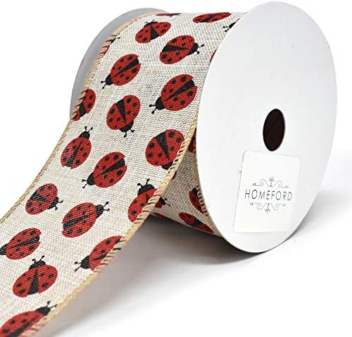 Homeford Red Lady Bugs Wired Linen Ribbon, 2-1/2-Inch, 10-Yard (Tan)