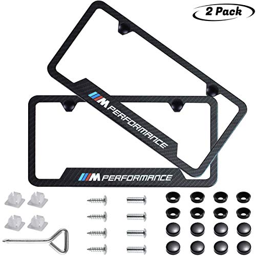 2pcs M Performance Logo License Plate Stainless Steel Frame,with Carbon Fiber Textured Glossy Finish Logo for BMW,Applicable to US Standard car License Frame